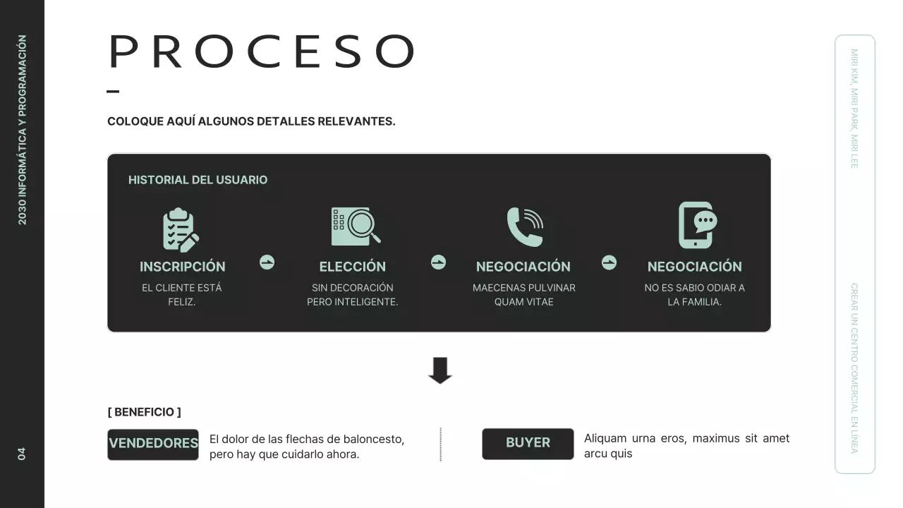 Presente una visión limpia del proyecto con gráficos en negro y menta