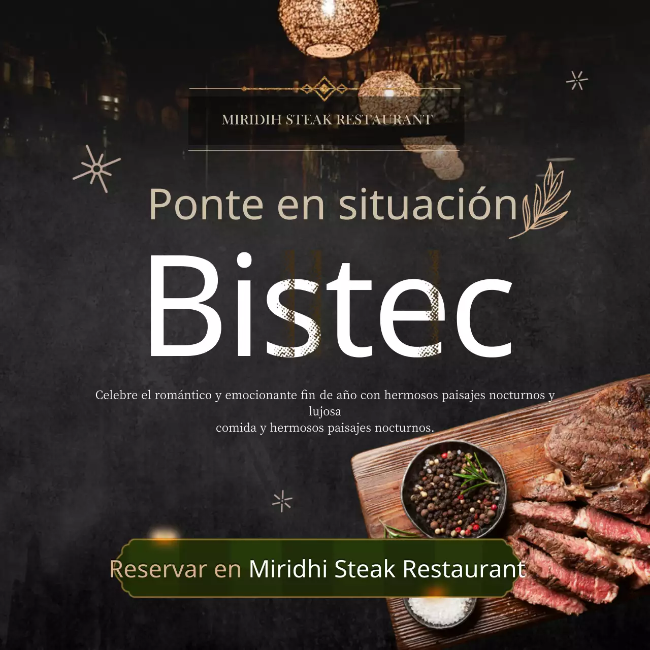 Reservar un restaurante de bistec festivo en blanco y negro