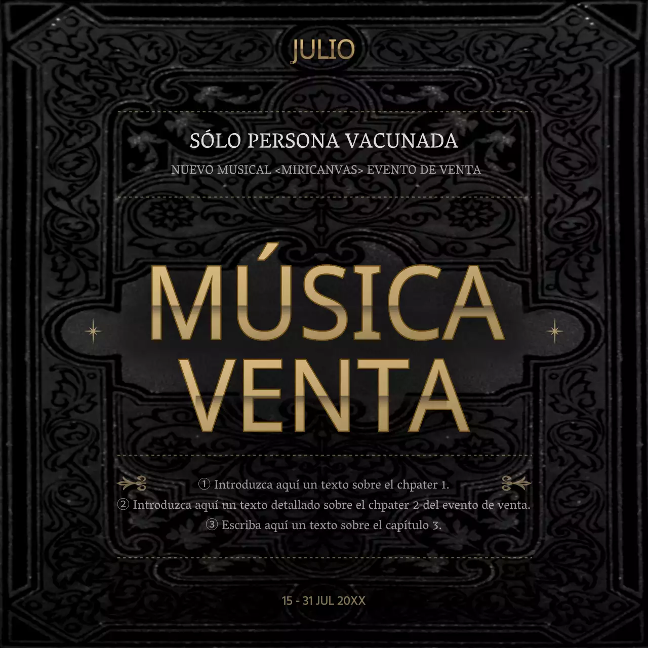 Evento musical de descuento con temática de libro clásico negro y dorado sólo para vacunadores