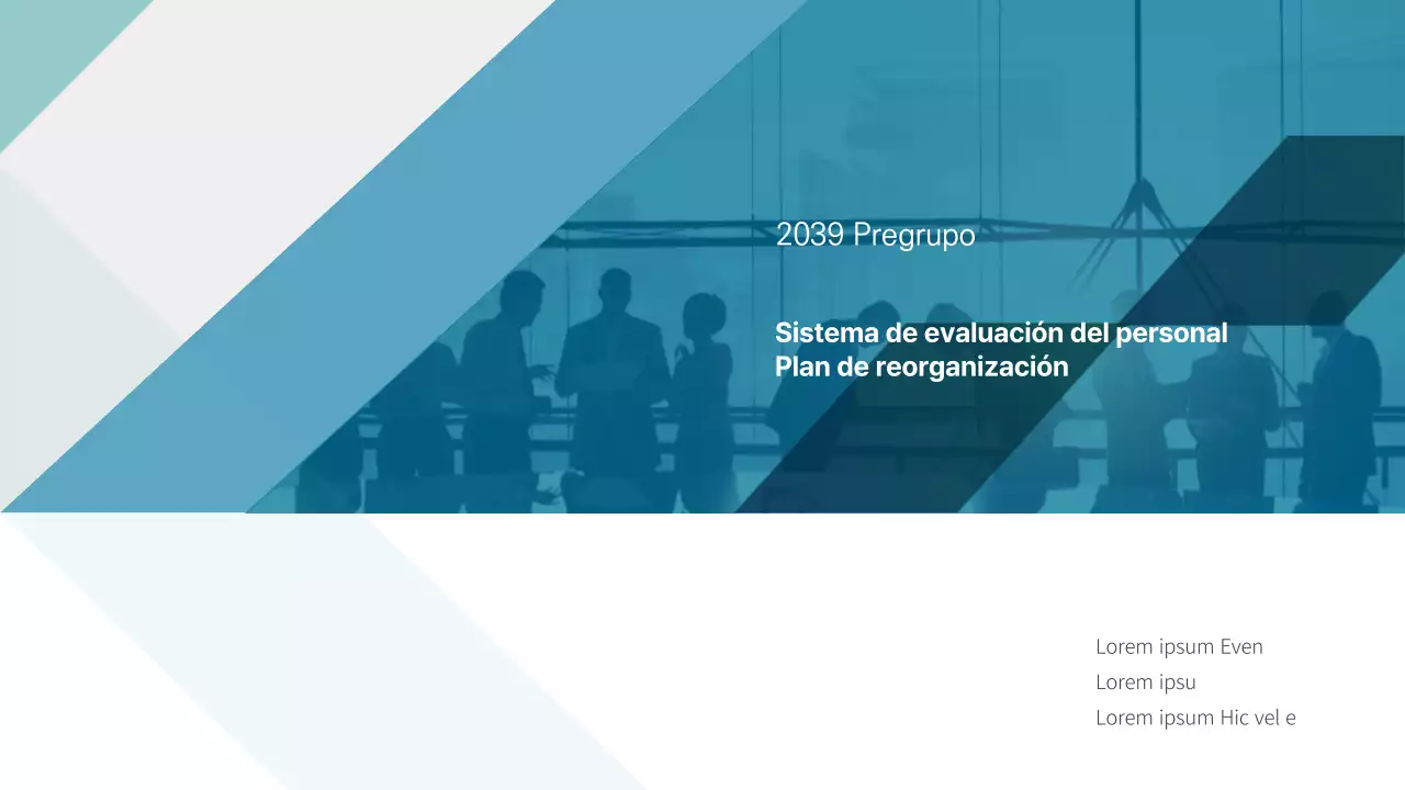 Plan de empresa azul-verde y gris para la reorganización del sistema de evaluación del personal de Mirigroup Plan de empresa