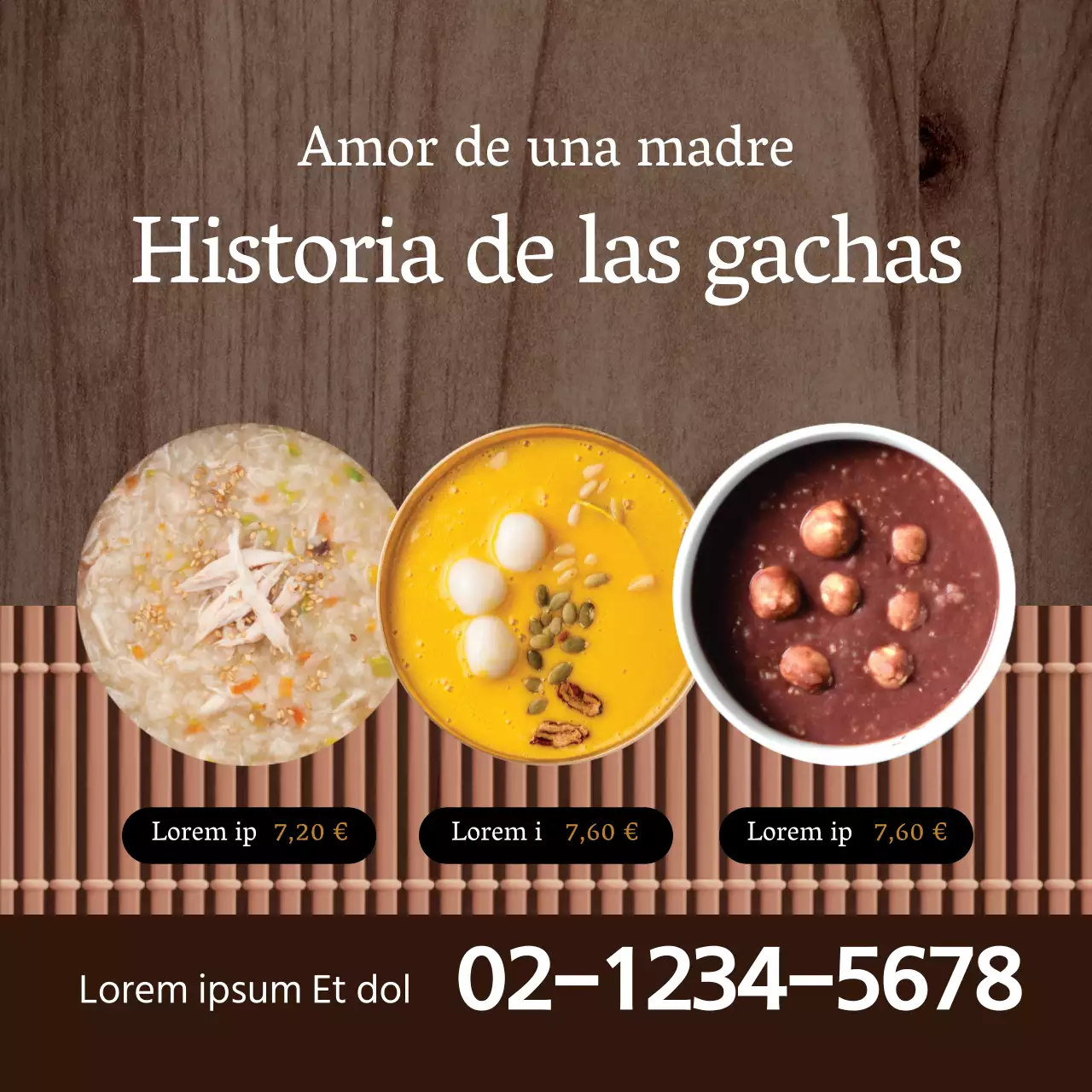 Pulcra etiqueta de menú de gachas de restaurante con énfasis fotográfico marrón