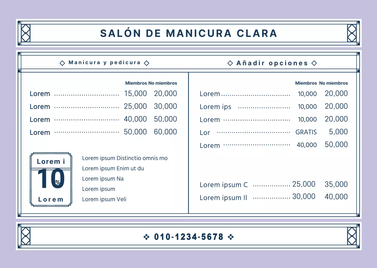 Tablero de menú nail art en un marco decorativo vintage