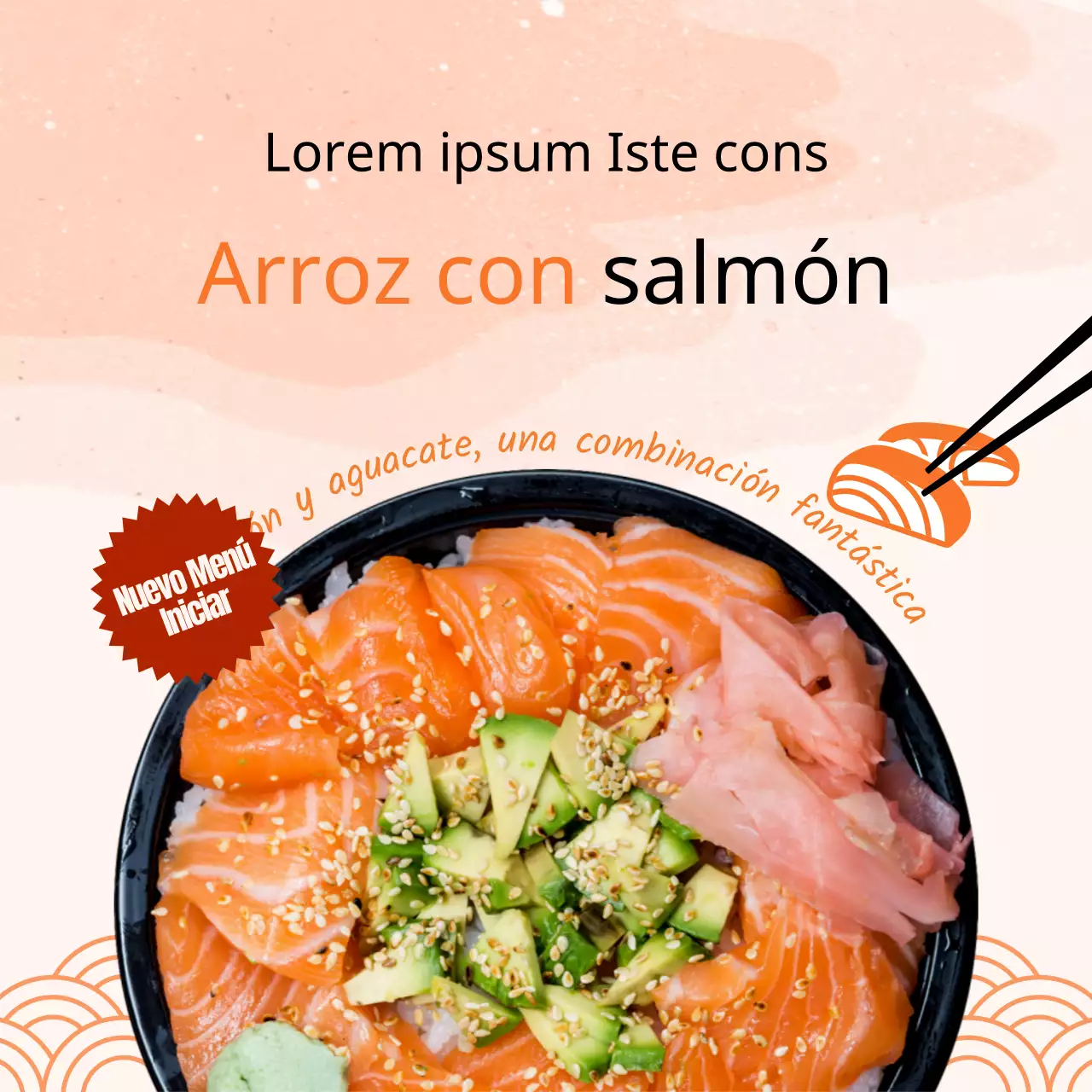 Arroz con salmón y fondo naranja en el menú