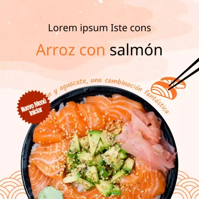 Arroz con salmón y fondo naranja en el menú