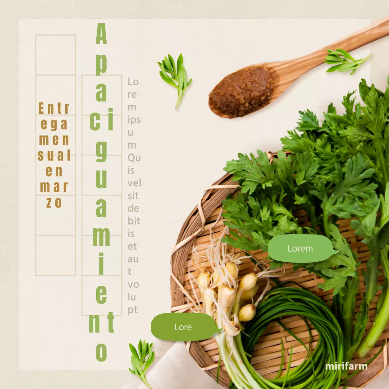 Anuncio de la entrega regular de verduras de primavera verdes y marrones