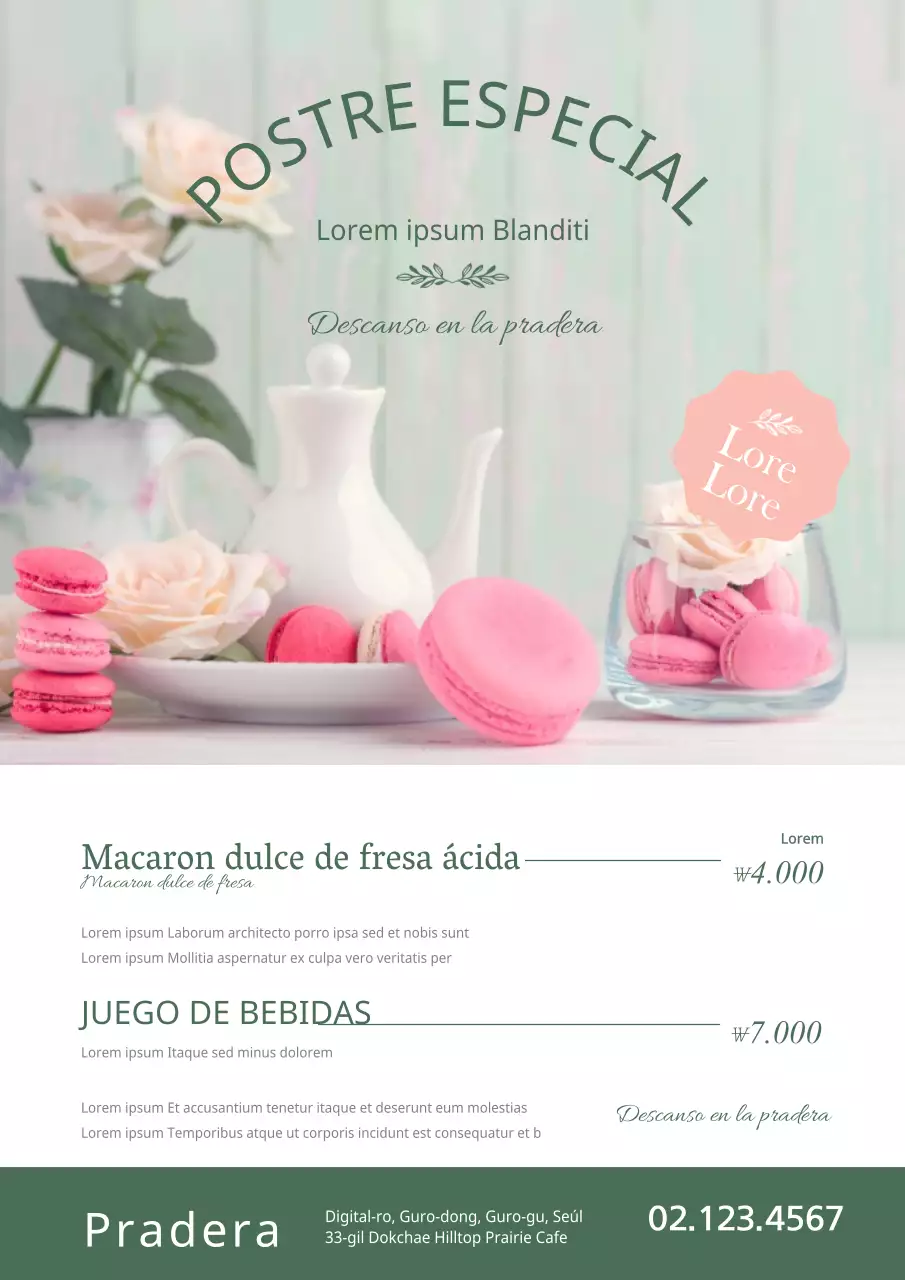 Promociona la carta de una tienda de postres con fotos de postres decadentes en colores verde y rosa