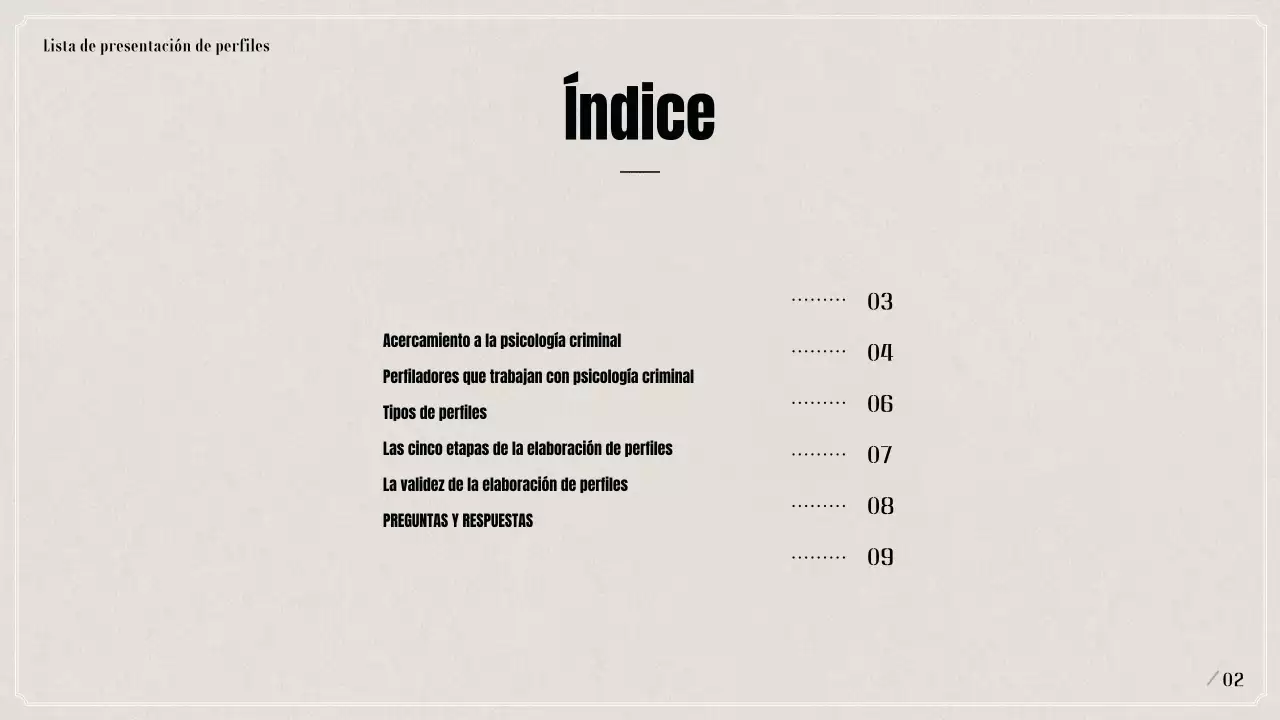 Presentación sobre perfiles psicológicos criminales en negro y beige