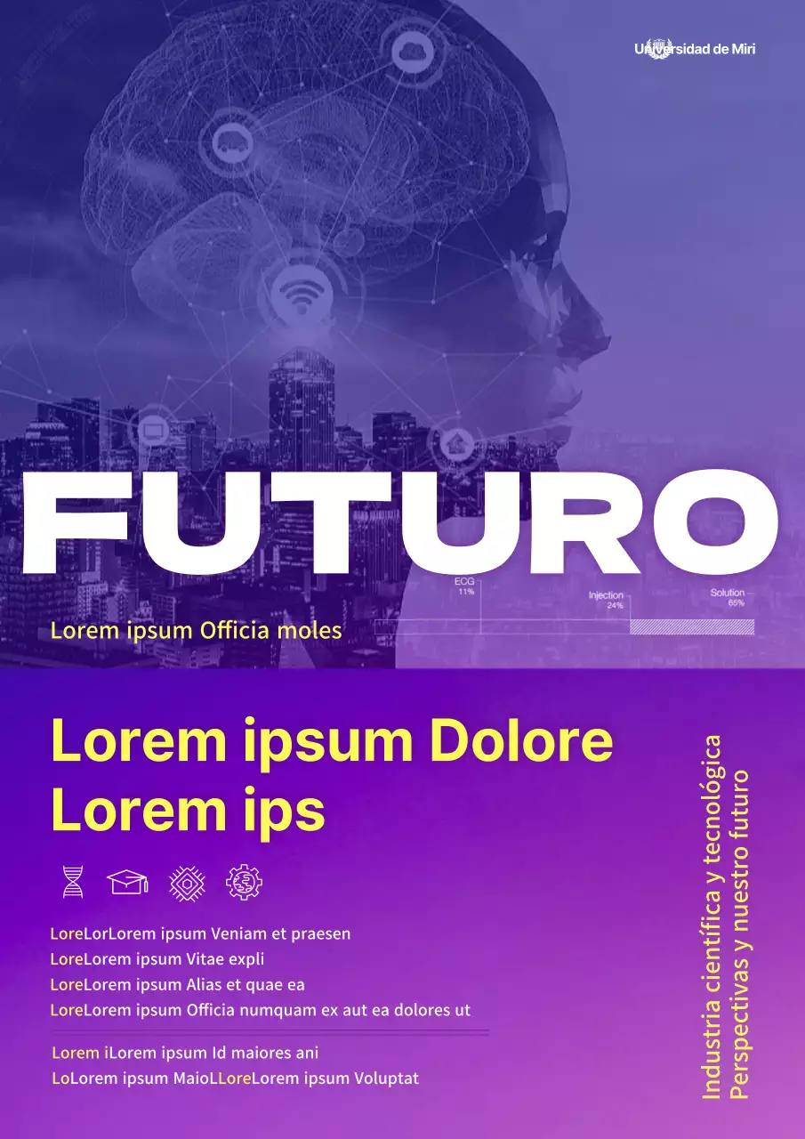 Un sencillo webposter morado y amarillo para un foro sobre las perspectivas y el futuro de las industrias científicas y tecnológicas.