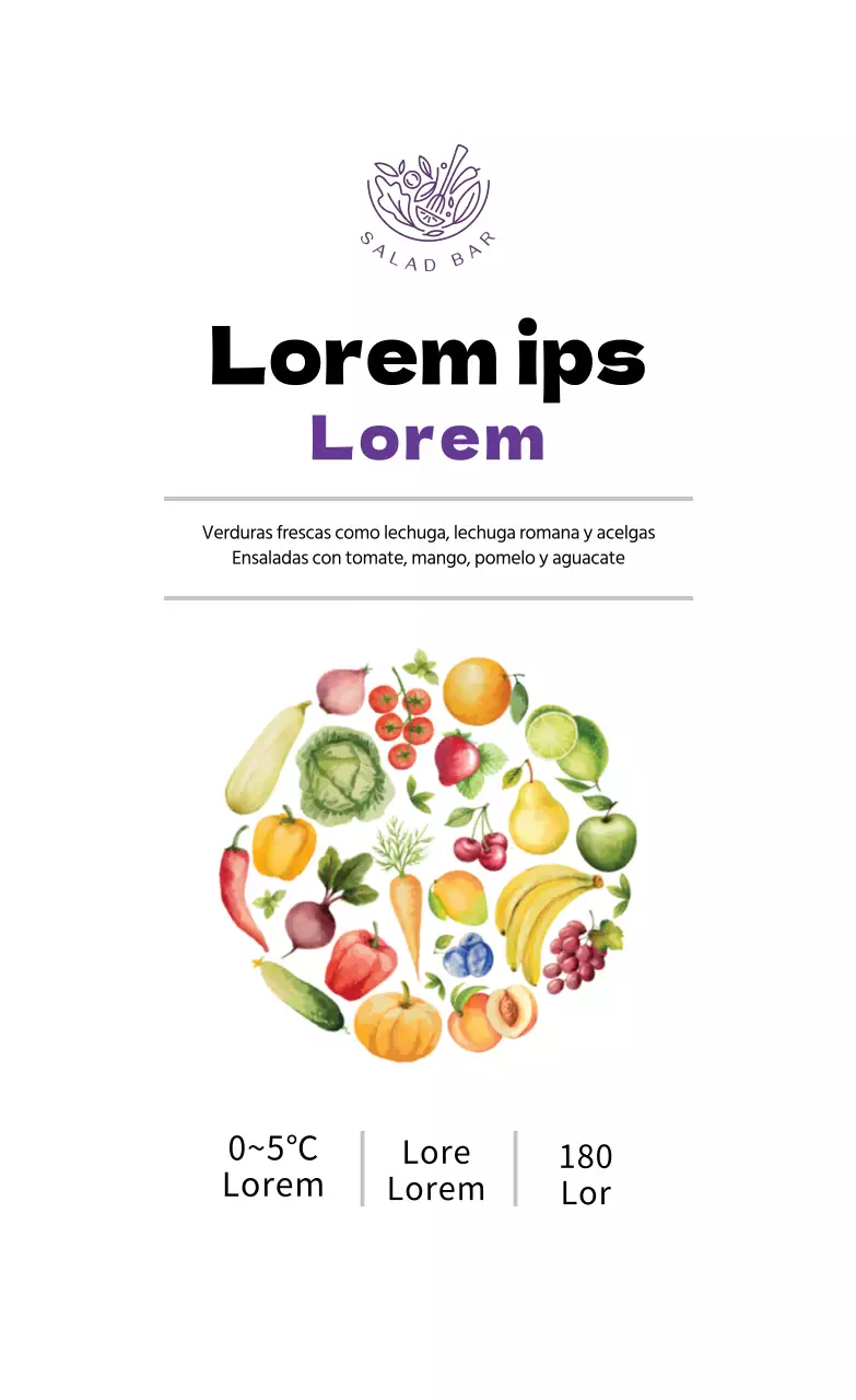 Etiqueta alimentaria ilustrada morada para ensaladas