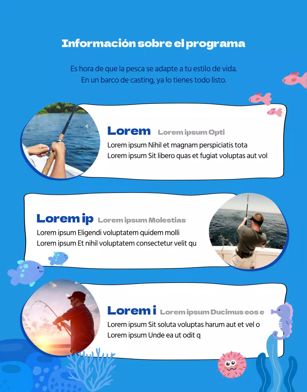 Anuncio para un viaje de pesca a las aguas azules del mundo