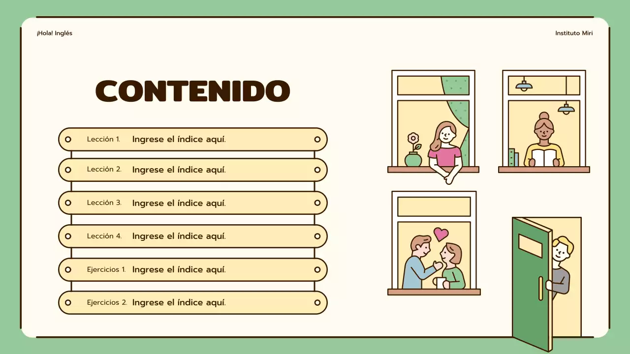 Lecciones de inglés con simpáticas ilustraciones en beige y verde