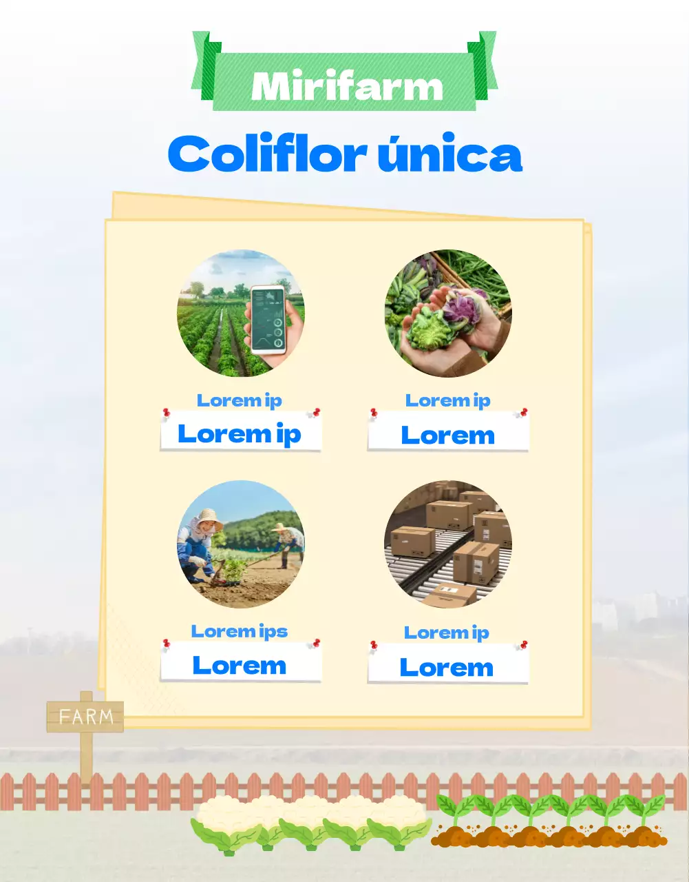 Guía de una granja de coliflores con una simpática ilustración azul y verde