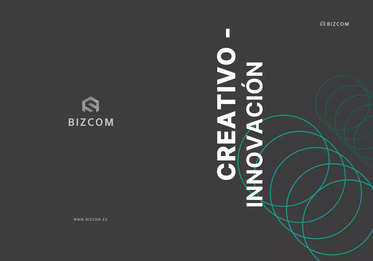 Promoción sencilla de empresa bizcom con texto e ilustraciones en negro y gris