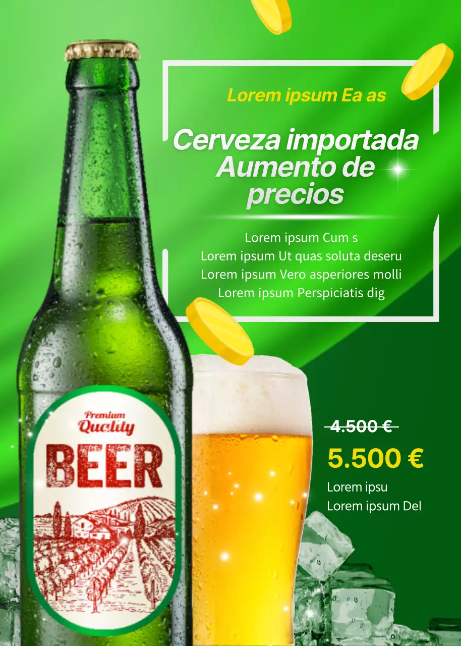 Aviso de subida de precios de la cerveza importada verde y amarilla