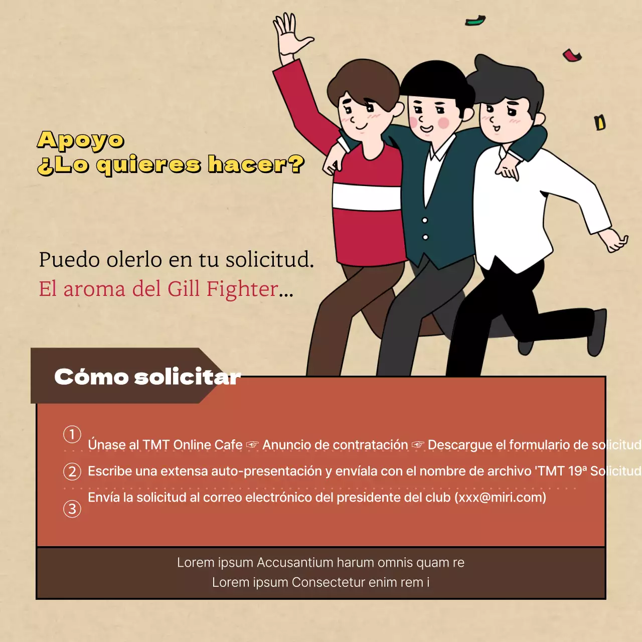 Convocatoria de candidaturas para un club con ilustraciones retro, vintage, cómicas y sensatas en marrón y beige.