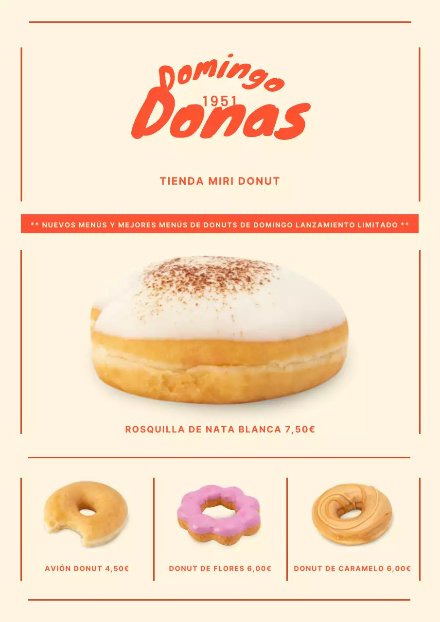 Menú de cafetería con donuts en beige y rojo