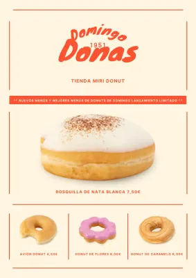 Menú de cafetería con donuts en beige y rojo