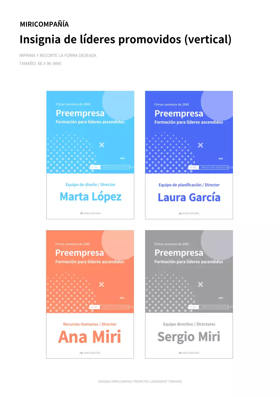 Modelo de placa de identificación para la formación de líderes en azul, naranja y gris