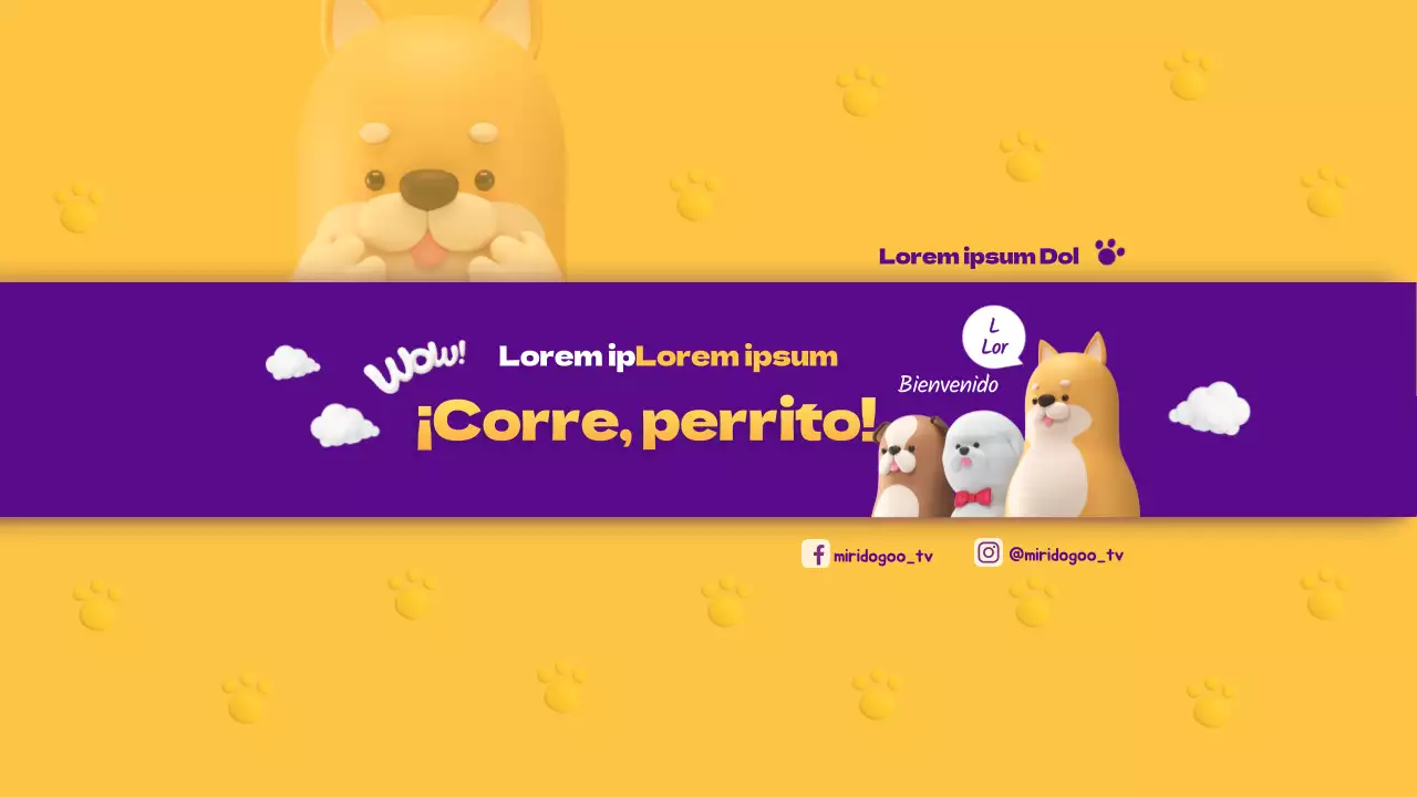 Ilustración en 3D de un canal de perro amarillo y morado