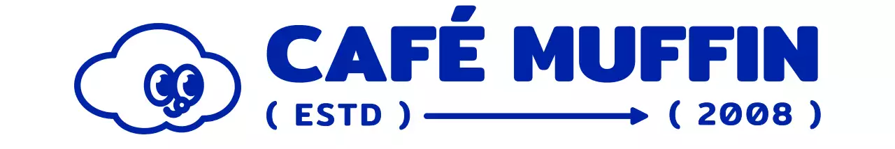 Una sencilla y simpática ilustración de un cupcake en azul marino con un logotipo en forma de emblema de cafetería