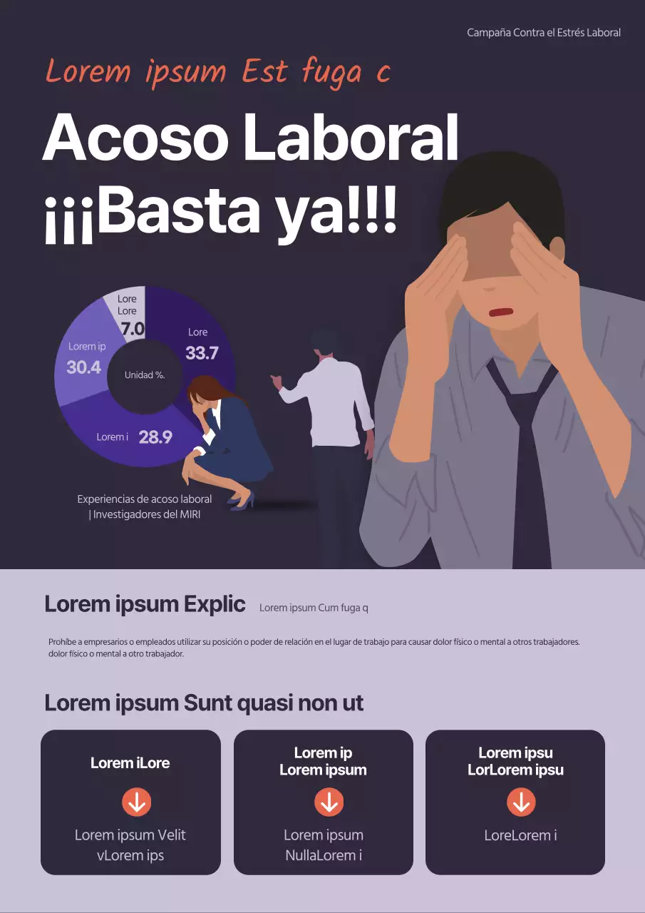 Ilustración de una campaña de color morado oscuro contra el acoso en el lugar de trabajo.