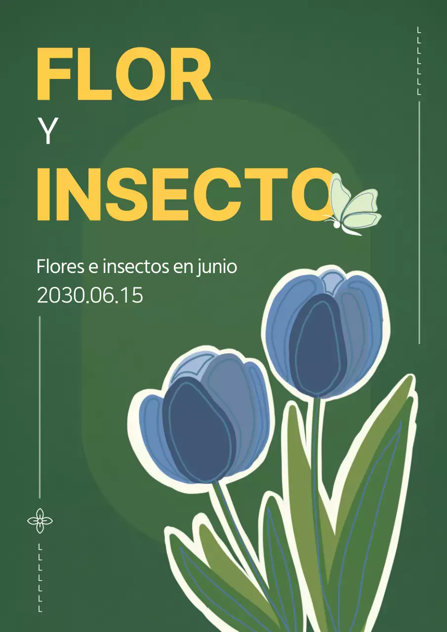 Webposter verde y amarillo que promueve la experiencia de la ecología de las flores y los insectos