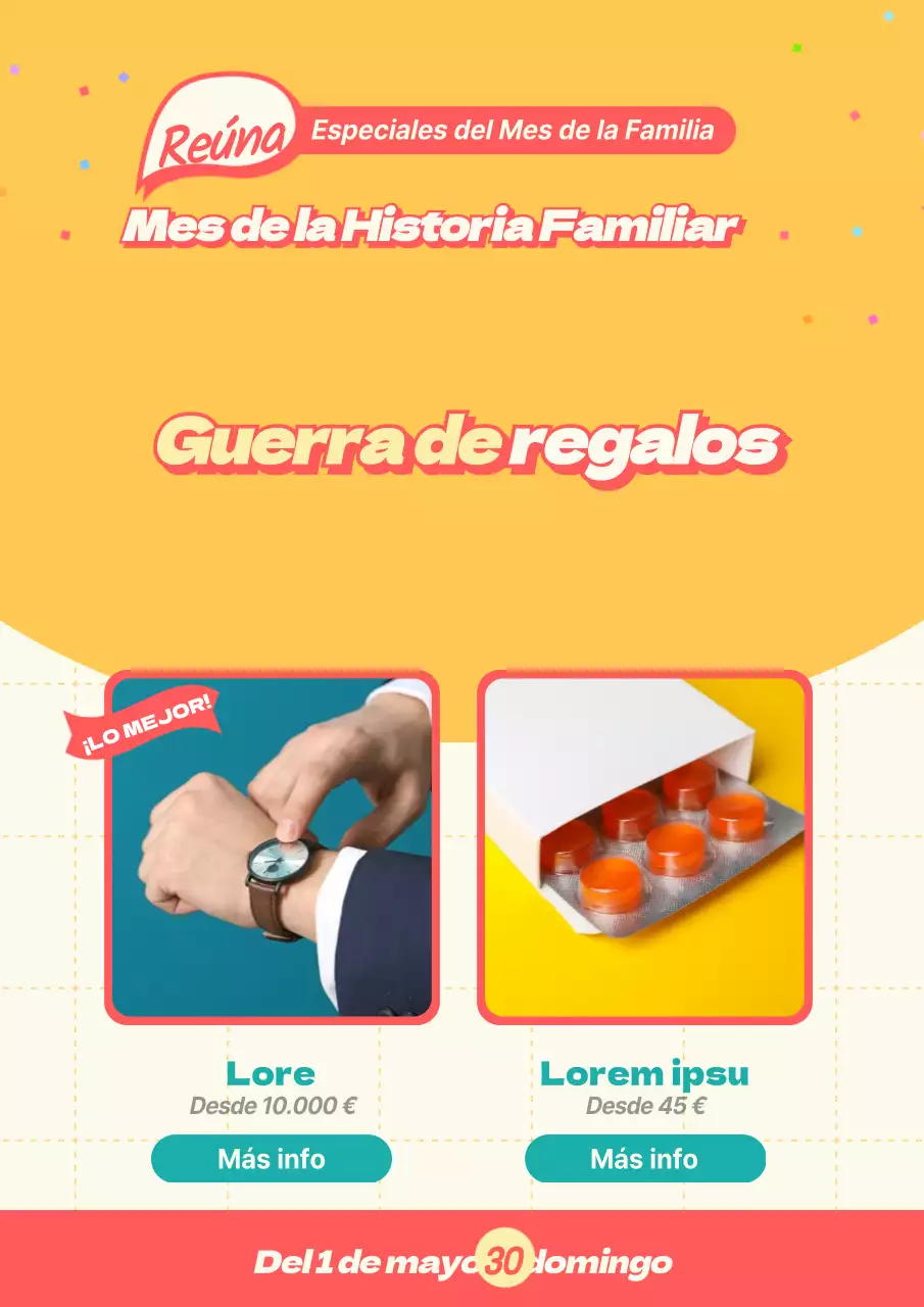 Promocione un super descuento anticipado para el mes de mayo con una ilustración amarilla de una persona y una imagen de un regalo.