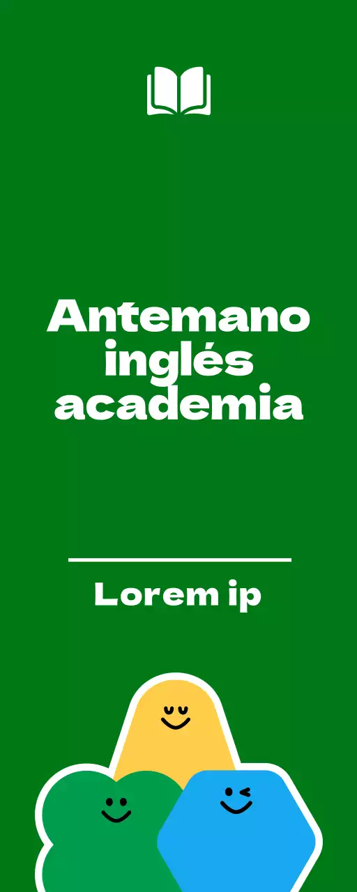 Para promocionar una escuela de inglés para alumnos de primaria con una simpática ilustración de un personaje de dibujos animados en verde y amarillo.