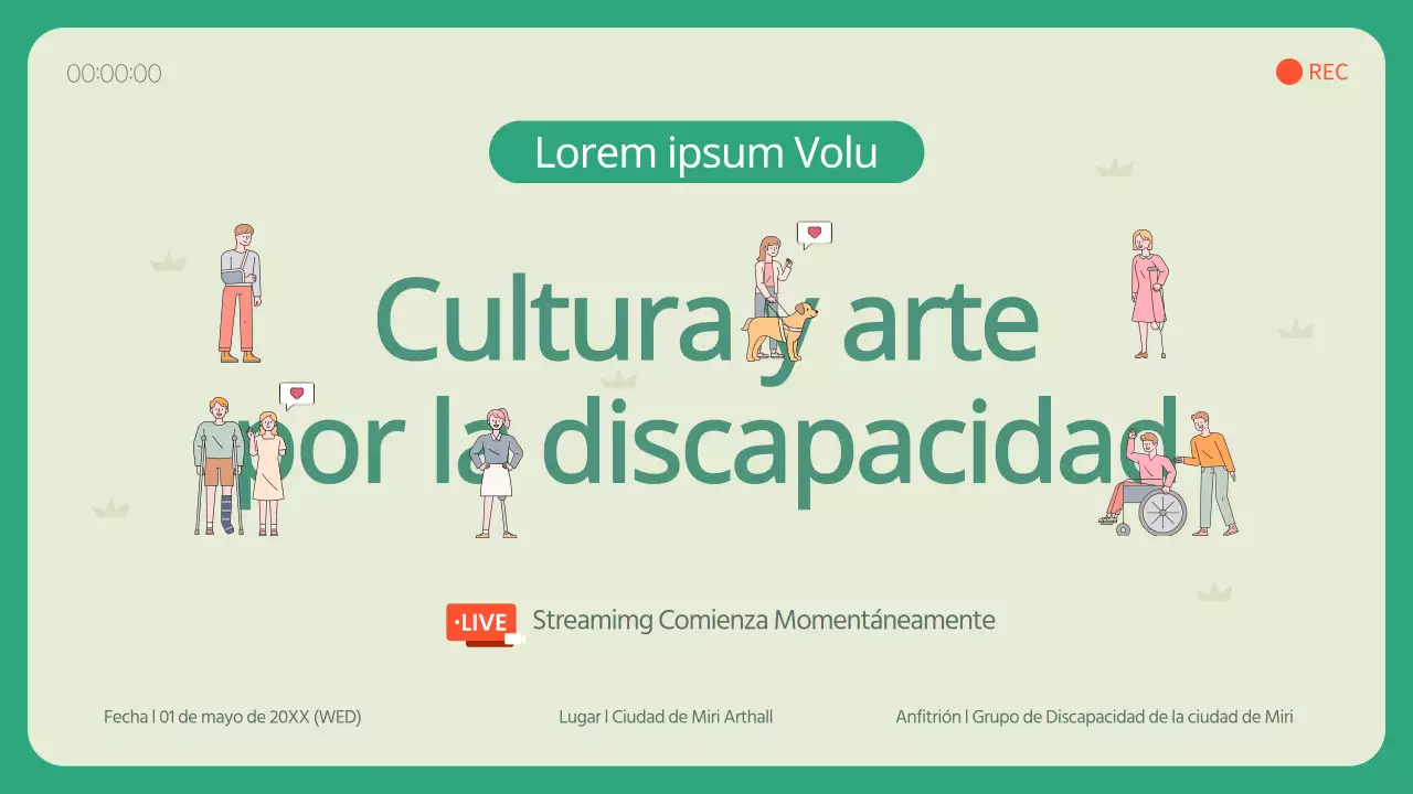 Retransmisión en streaming de un acto artístico cultural para personas con discapacidad con un concepto ilustrado en marfil y verde.