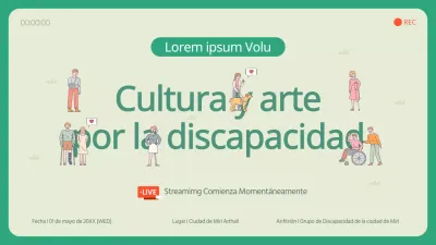 Retransmisión en streaming de un acto artístico cultural para personas con discapacidad con un concepto ilustrado en marfil y verde.