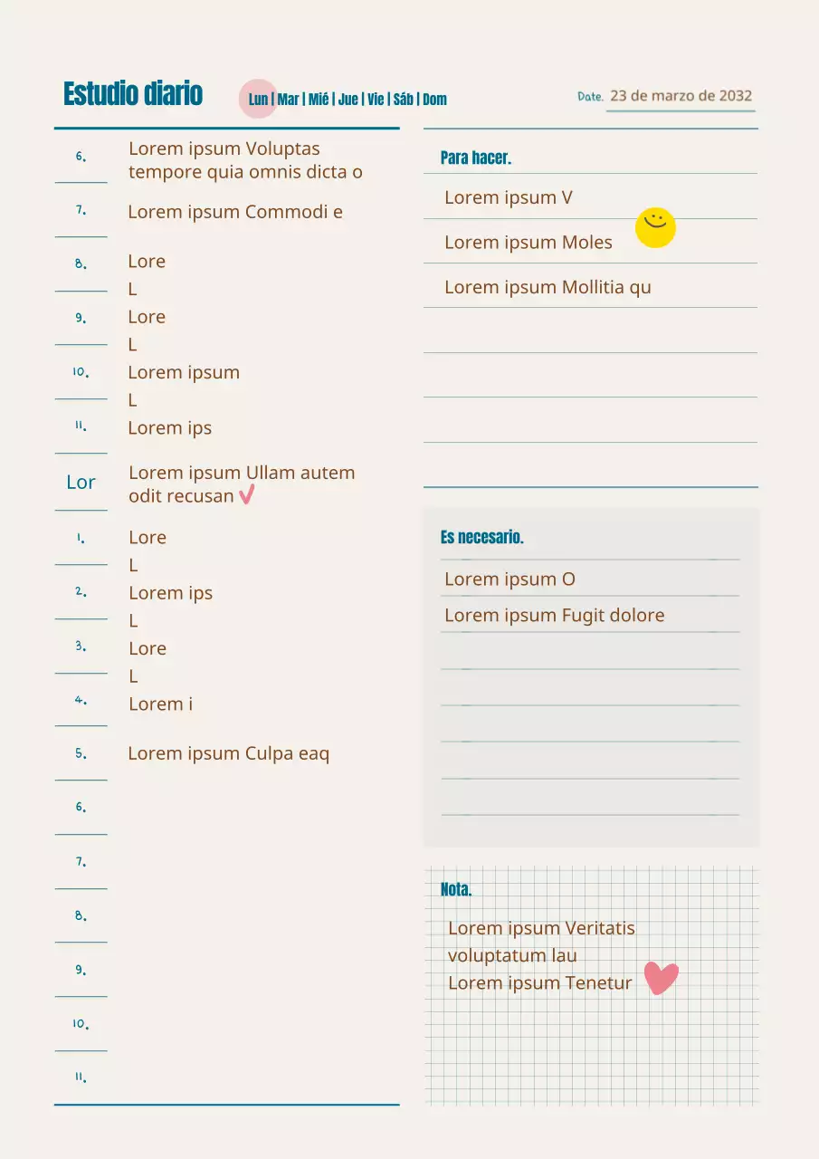 Formato del documento del plan de estudio diario en verde azulado y marrón