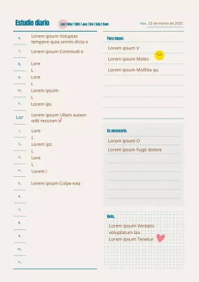 Formato del documento del plan de estudio diario en verde azulado y marrón