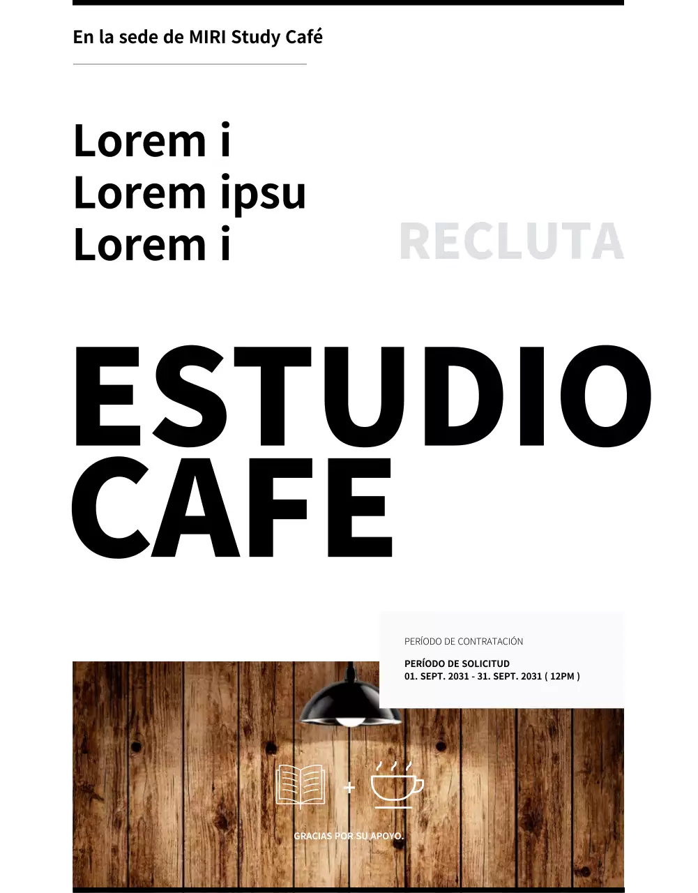 Diseño sencillo en blanco y negro de anuncio de empleo en un café estudio