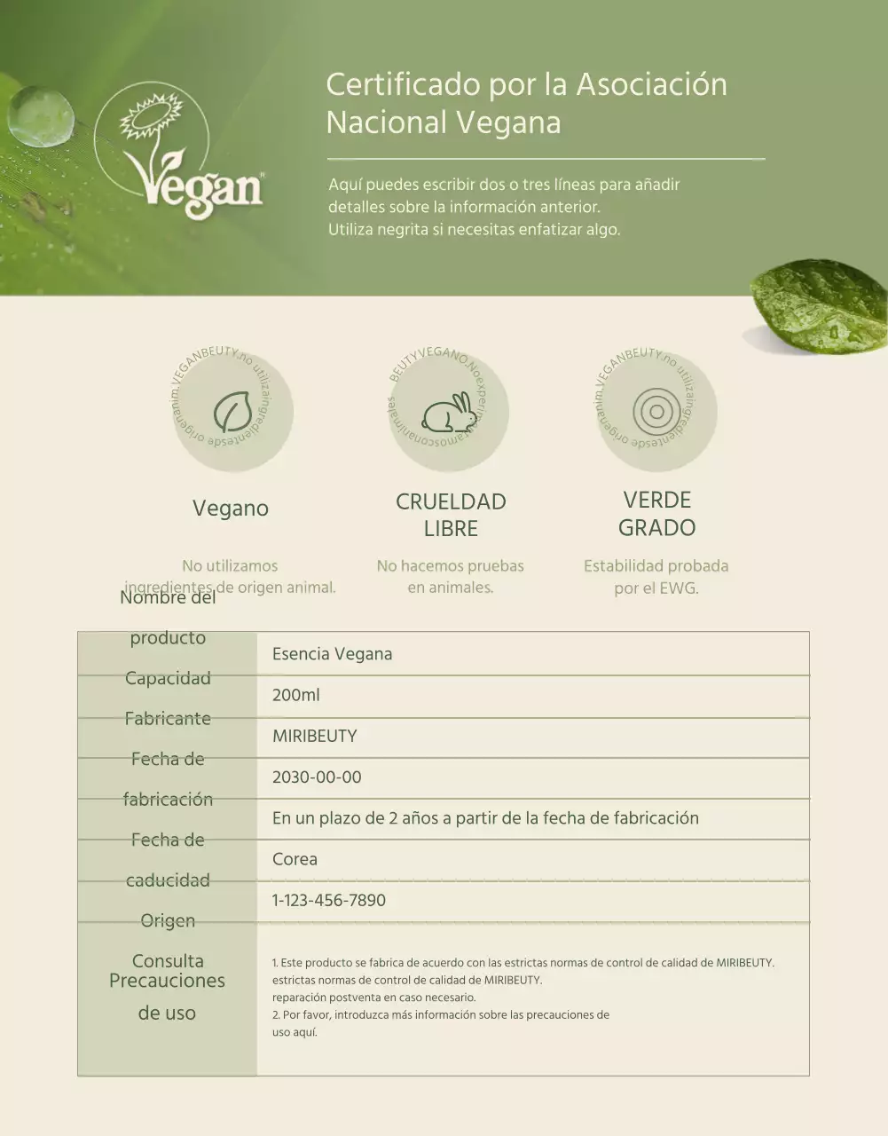 Cosméticos veganos en verde marfil detail page