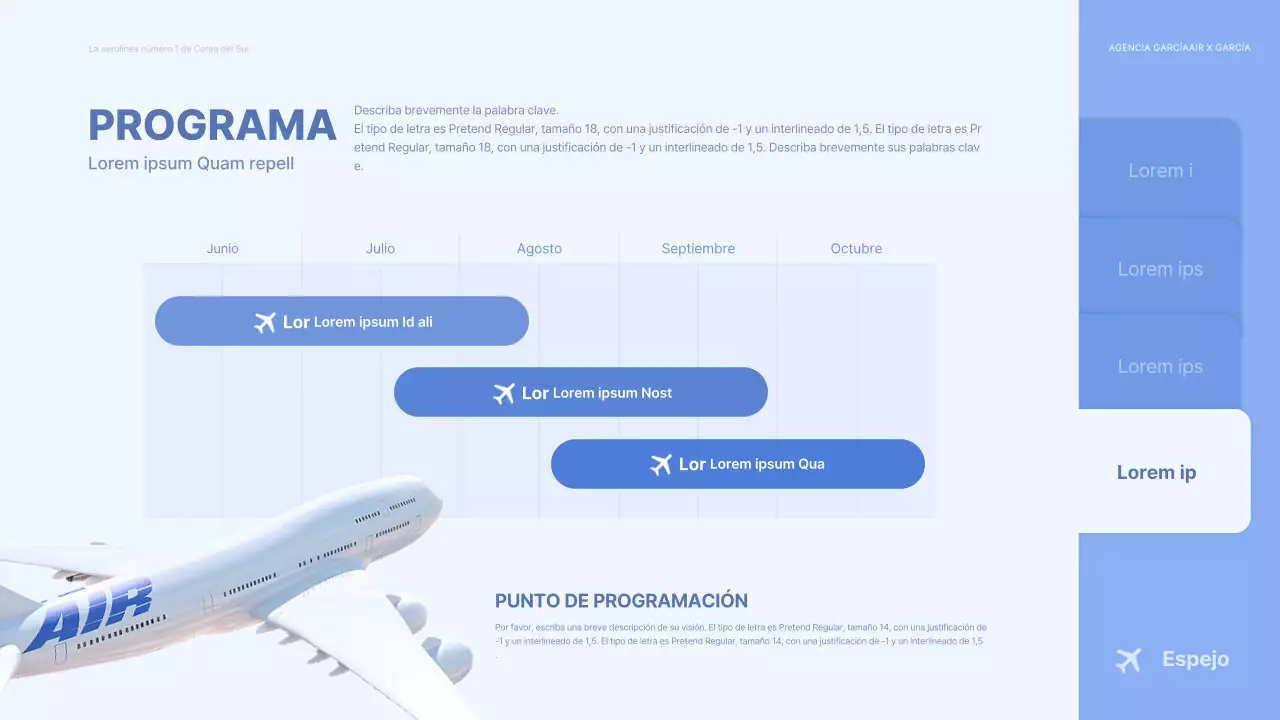 Concepto de avión tridimensional azul claro brief publicitario de aerolínea