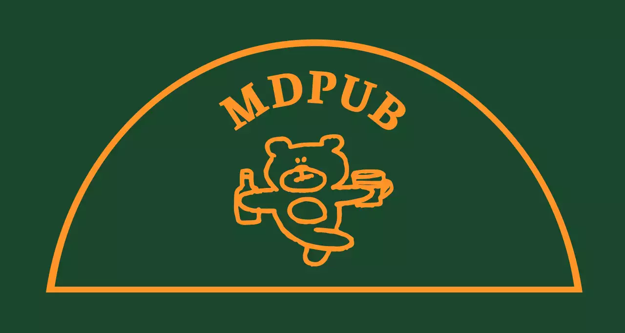 Banderín de pub verde con borde amarillo y un osito de peluche con una botella de licor en la mano