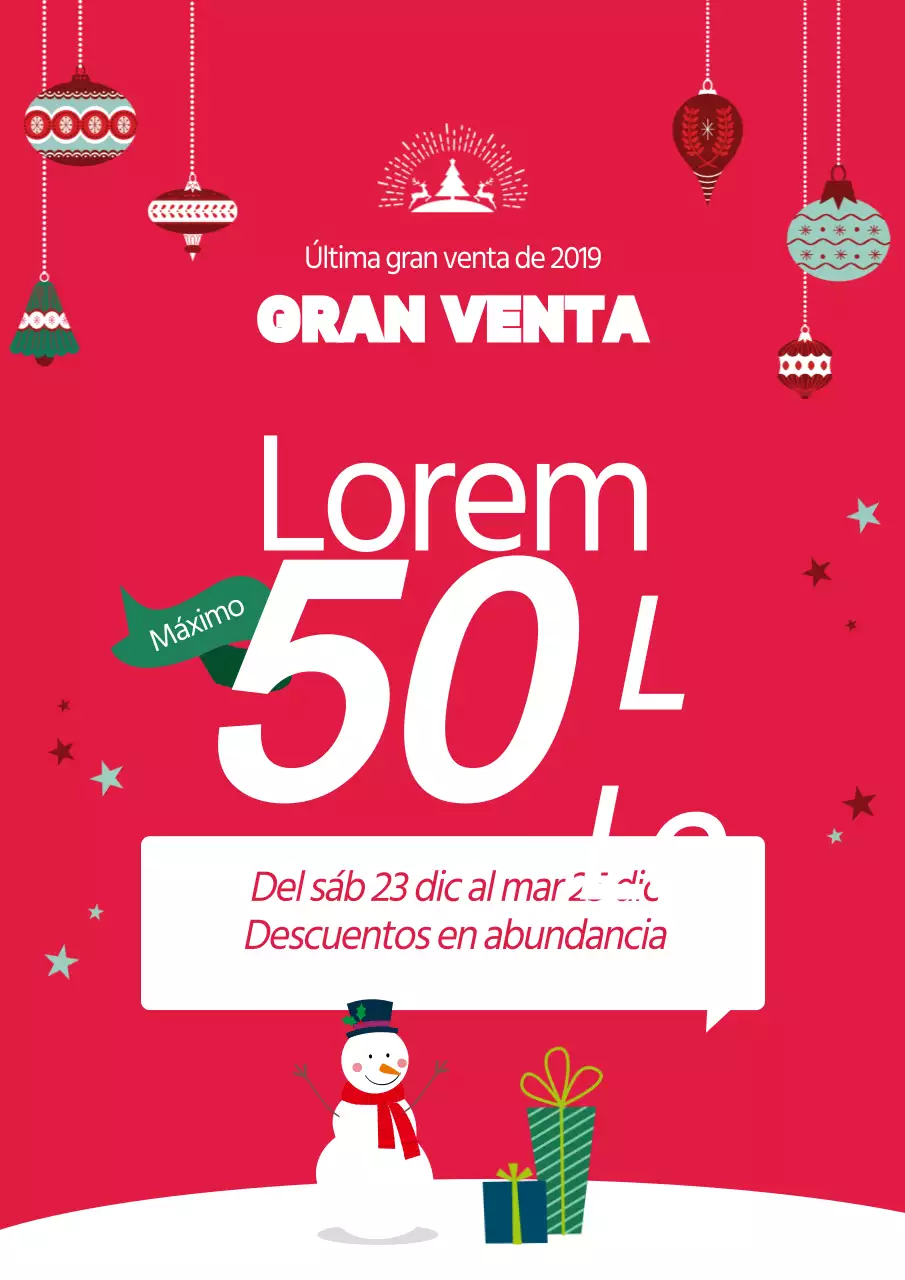 Promociona una gran venta con una ilustración de un muñeco de nieve rojo y adornos para el árbol