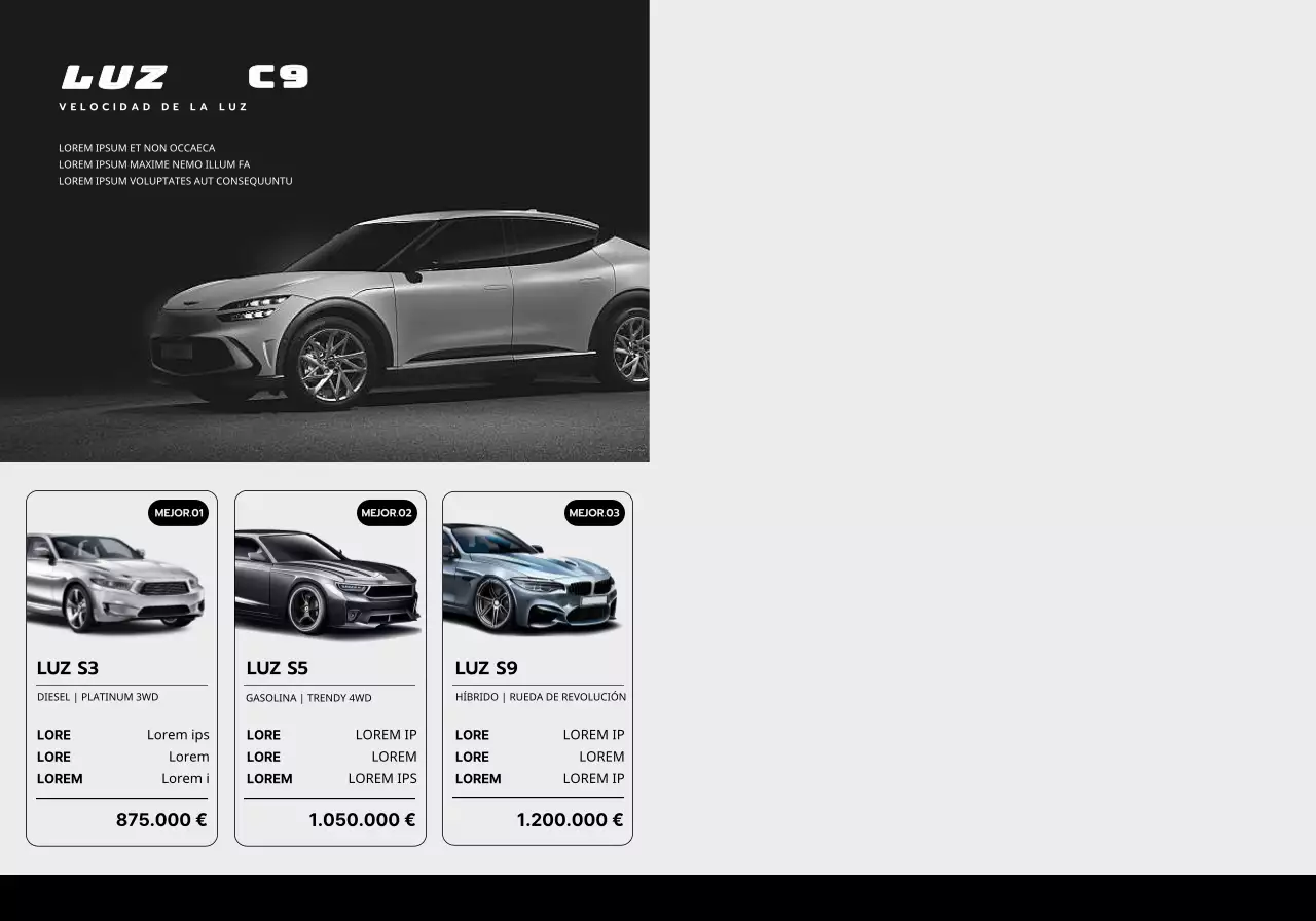 Concesionario de coches promoción de coches con negro, diseño simple y elegante con fotos de coches