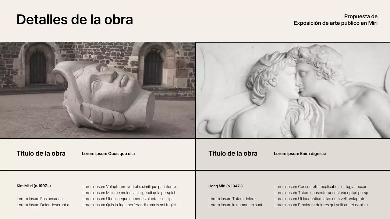 Propuesta de exposición con acentos de rejilla beige-negro