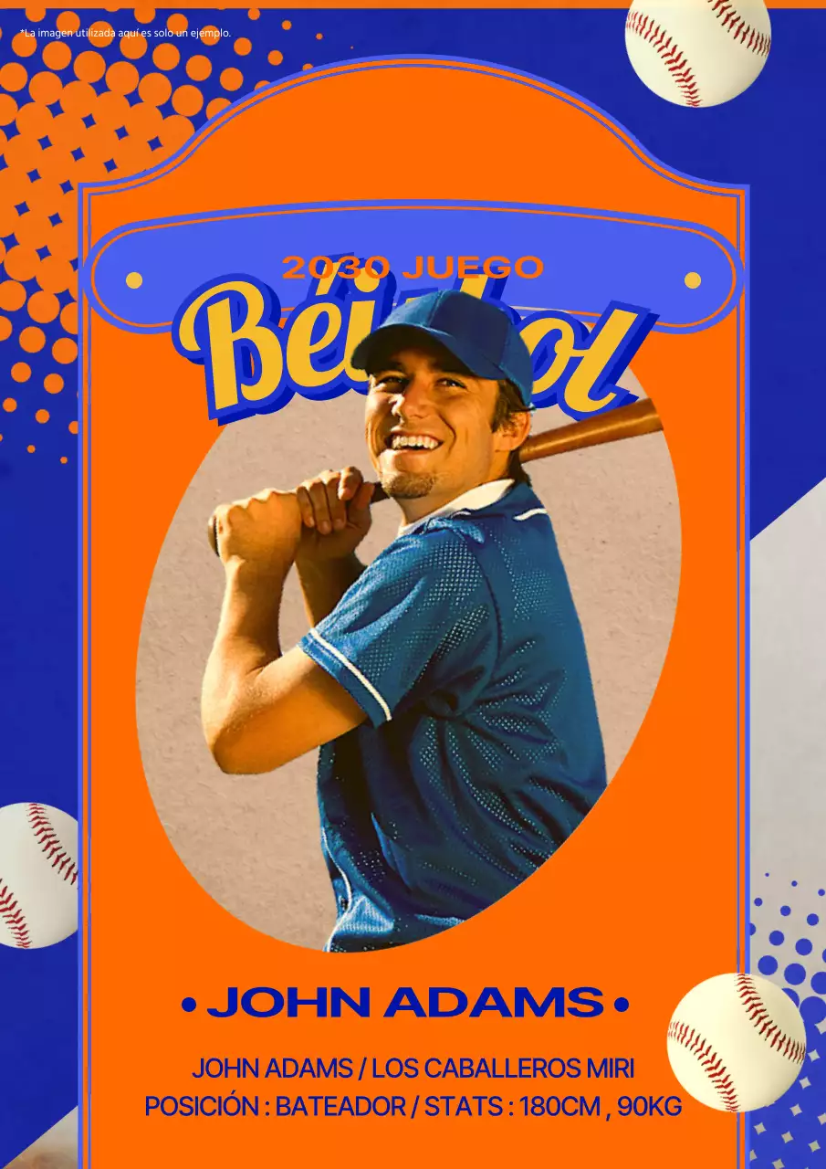 Una pieza promocional de aspecto retro con un jugador de béisbol sobre un fondo azul y naranja.