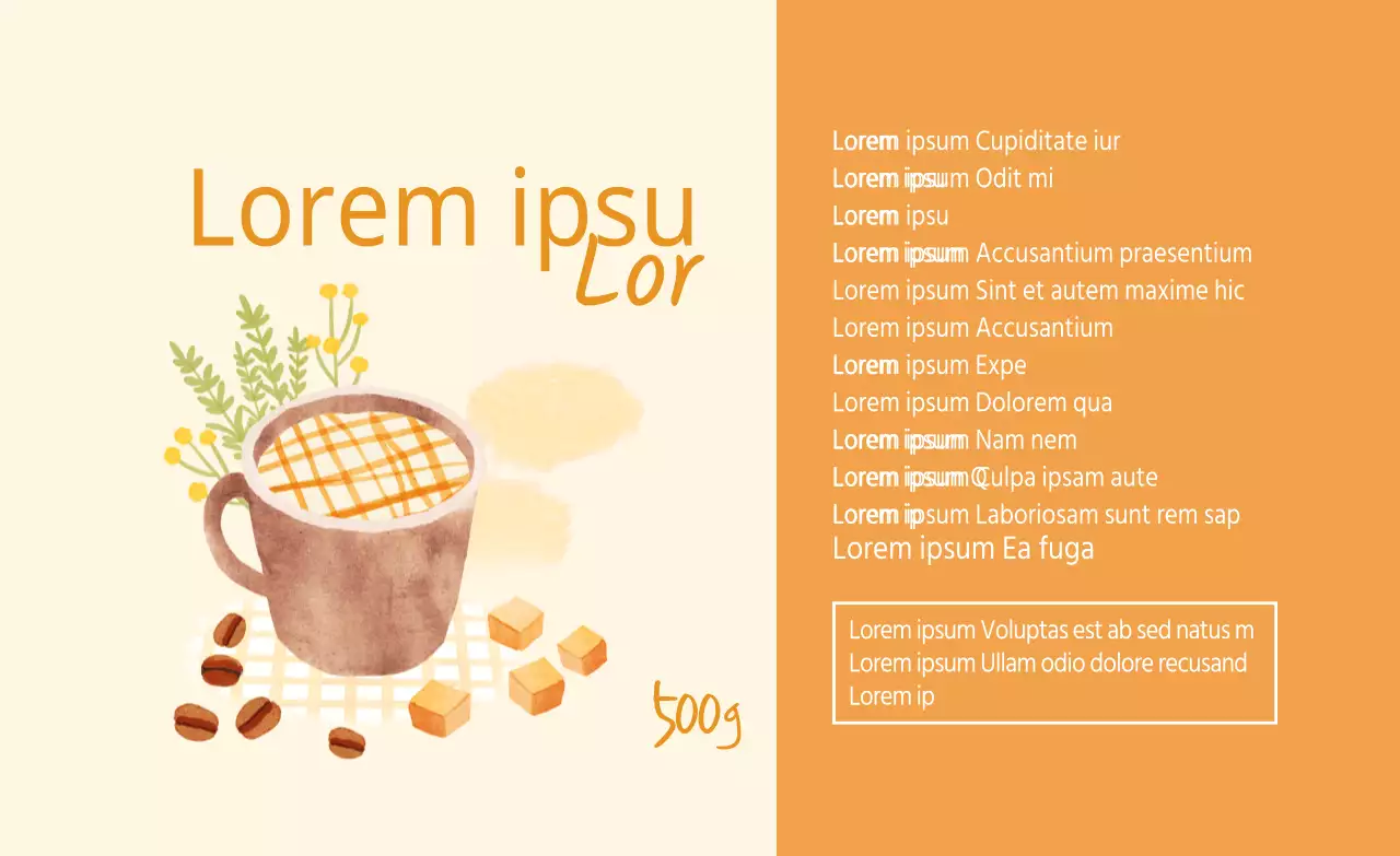 Etiqueta de polvo de caramelo macchiato ilustrada en color marfil-naranja