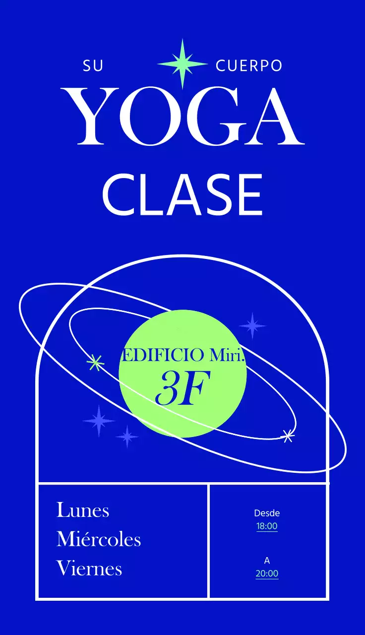 Un rótulo moderno para un estudio de yoga, con texto en color e ilustraciones lineales de formas y clases.
