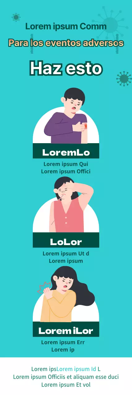 Instrucciones ilustradas para los efectos adversos de las vacunas con fondo azul y texto rojo en contraste