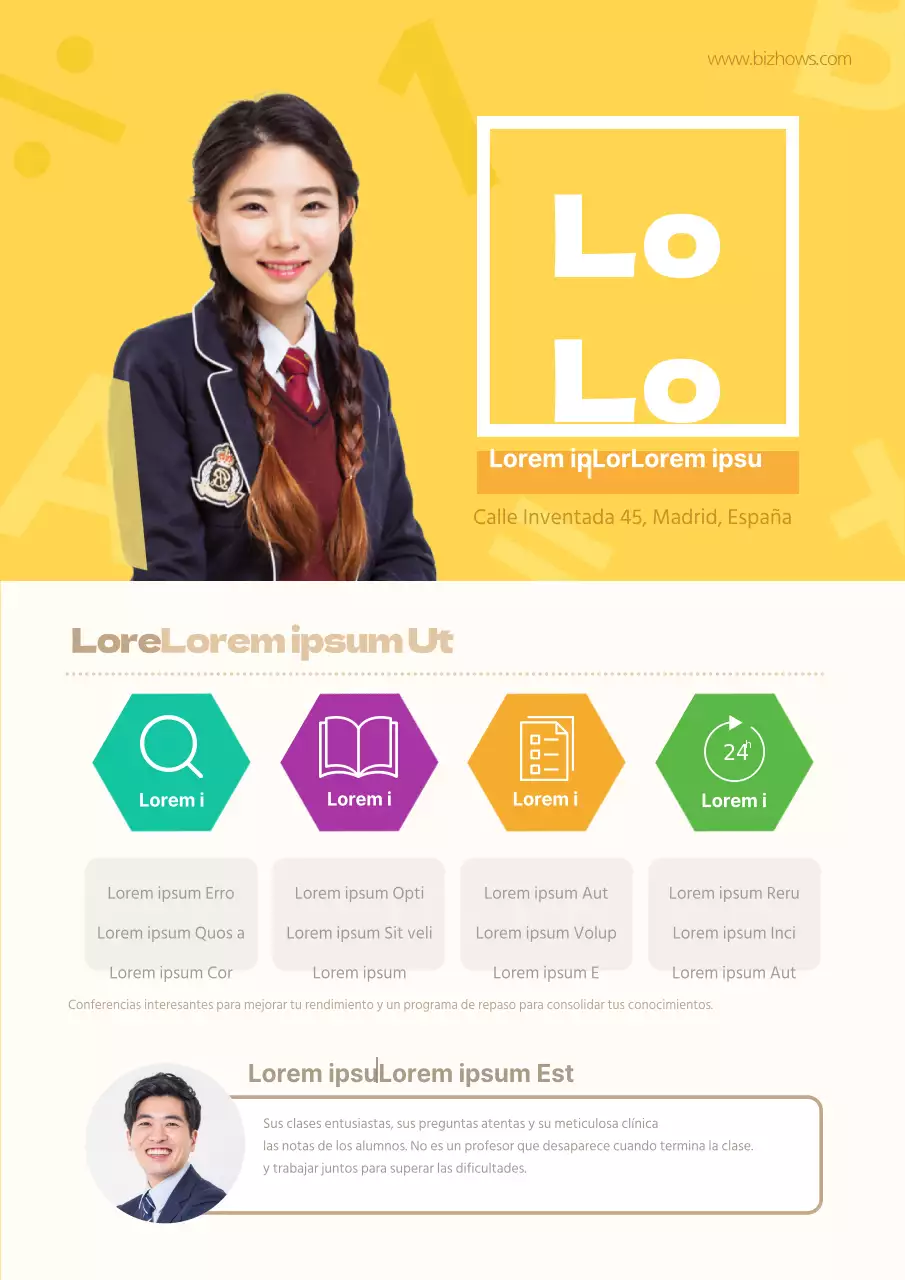 Promociona la descripción de tu centro con fotos amarillas de alumnos y profesores