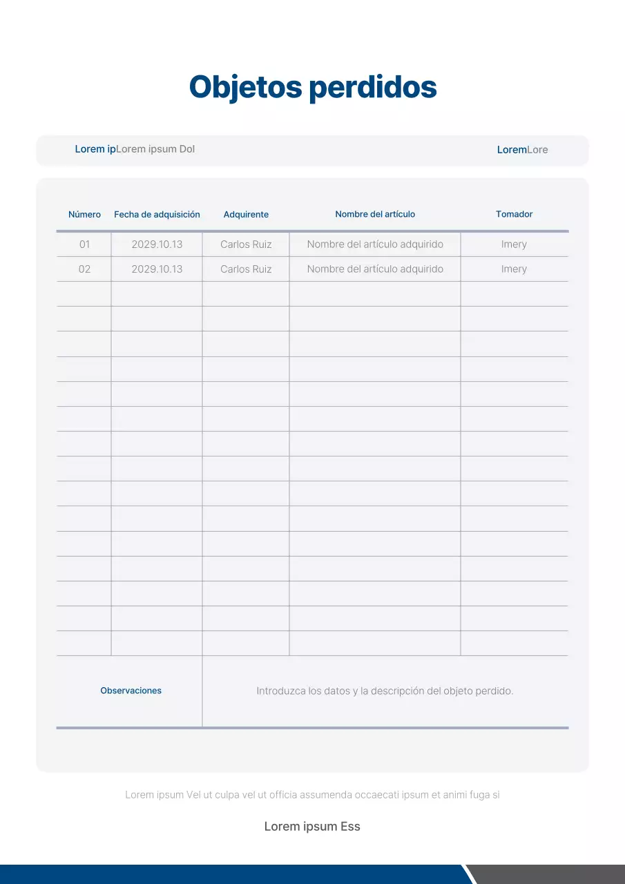 Un concepto limpio en azul marino y gris Lost and Found form