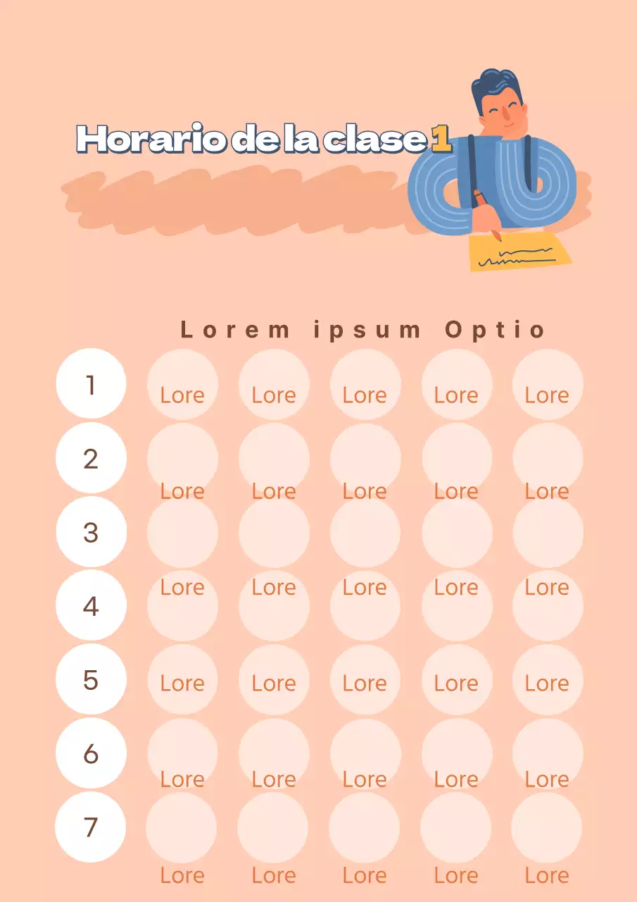 Horario escolar sencillo con ilustraciones humanas en morado y magenta