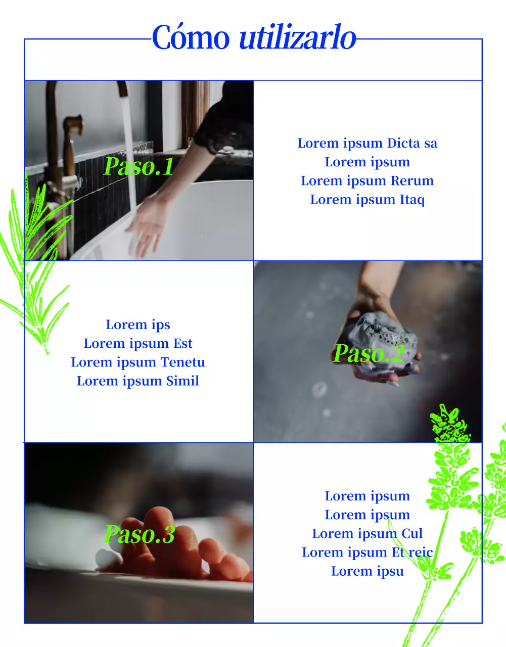 Baño de burbujas prenatural con dibujo de líneas de hierbas en verde y azul neón