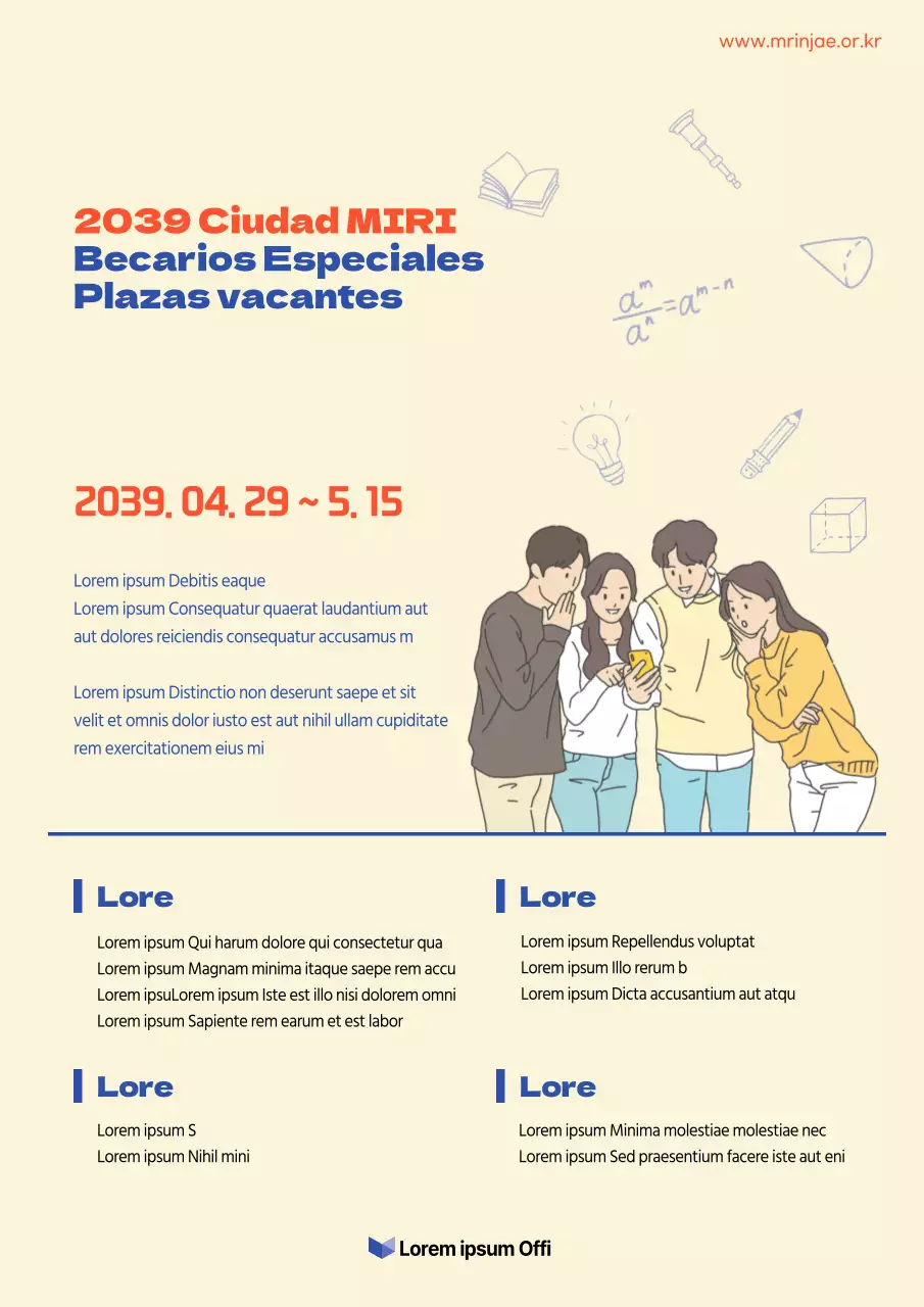 Sencillo anuncio de beca ilustrado en amarillo y azul