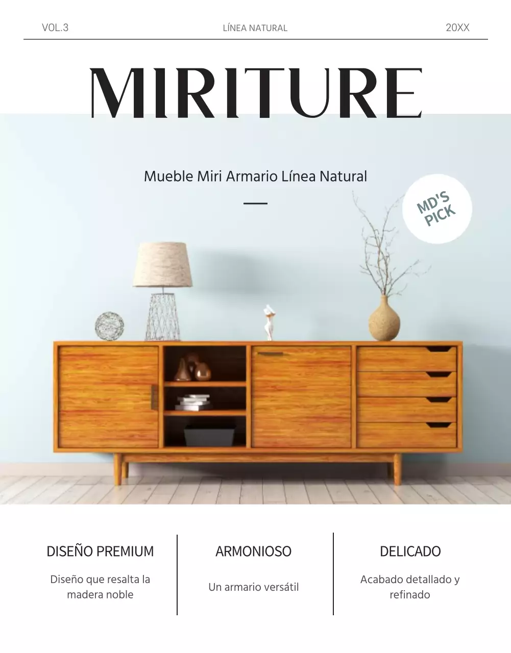 Concepto de revista en blanco y azul claro para promocionar los muebles de madera maciza