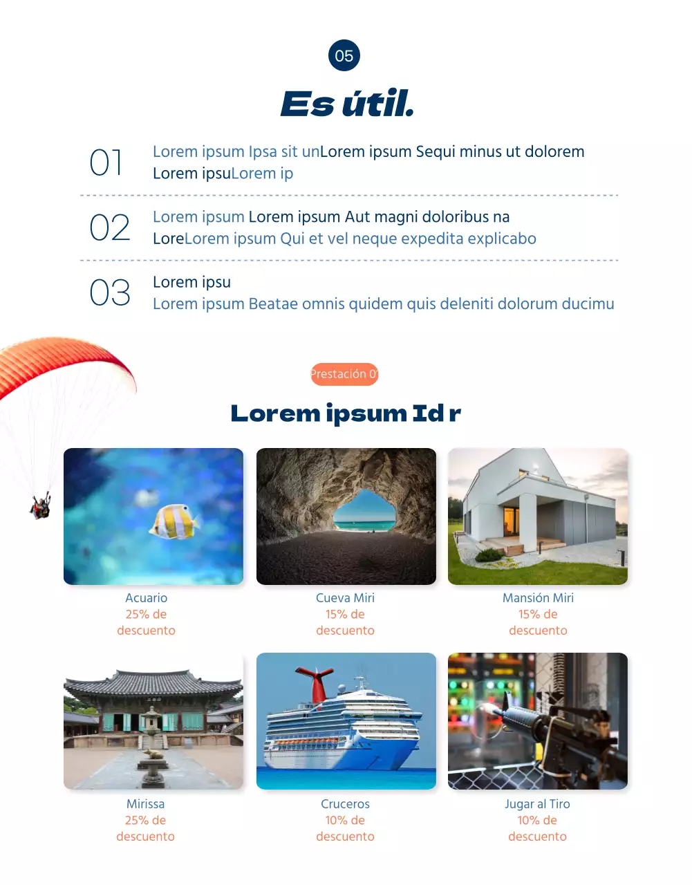 Página de detalles de parapente con acentos naranjas en SkyConcept